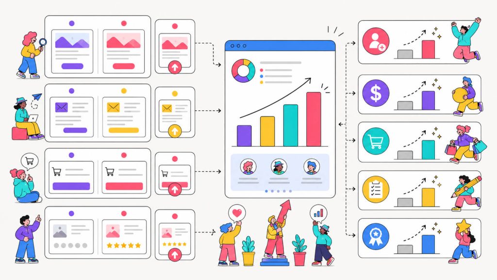 Visual showing A/B testing case studies with landing page variants, checkout changes, email tests, form improvements, and measurable business impact.