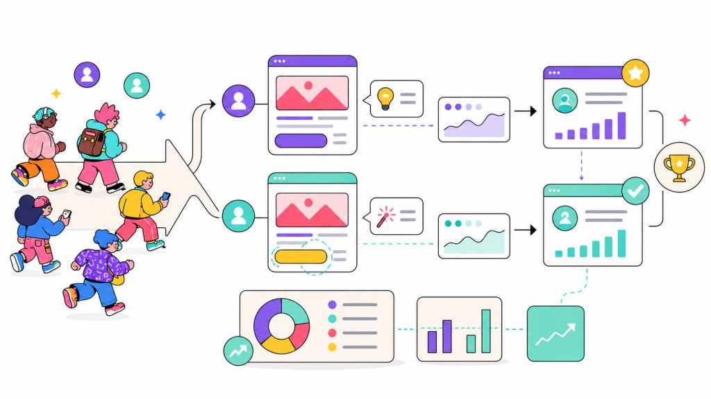 Visual showing an A/B testing workflow with control and variant pages, split traffic, conversion outcomes, and experiment performance signals.