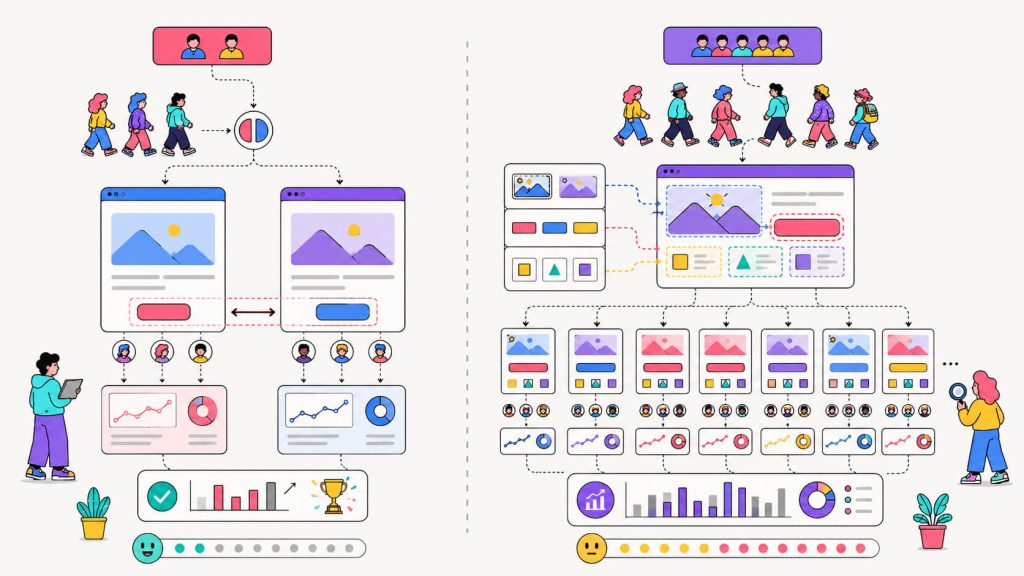 Comparison visual showing A/B testing with one isolated change versus multivariate testing with multiple page elements and combinations.