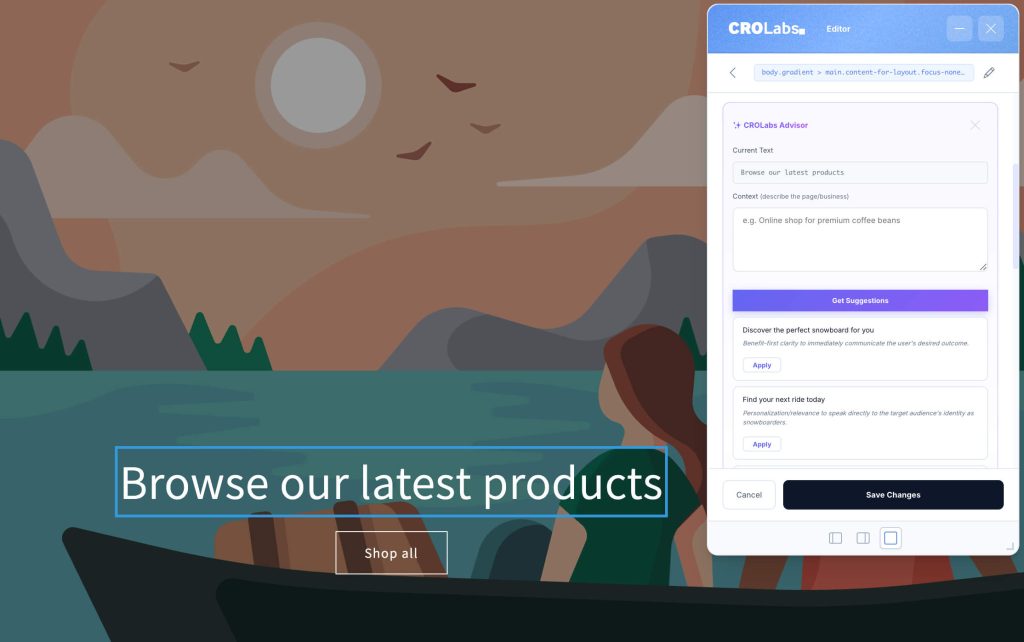 AI Advisor suggestion in CROLabs visual editor