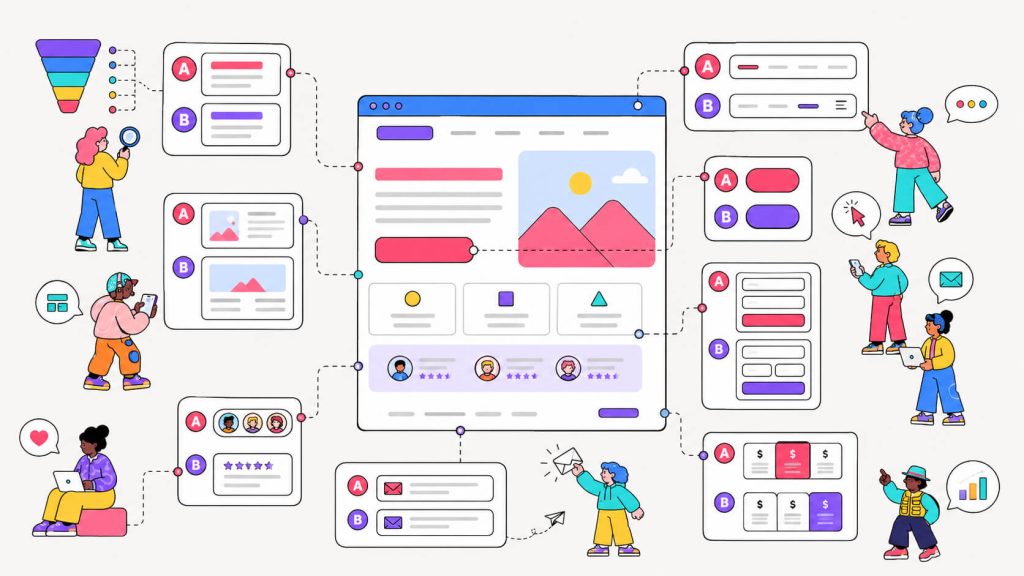 Visual showing testable website and funnel elements such as headlines, CTA buttons, forms, layouts, social proof, pricing pages, and navigation.