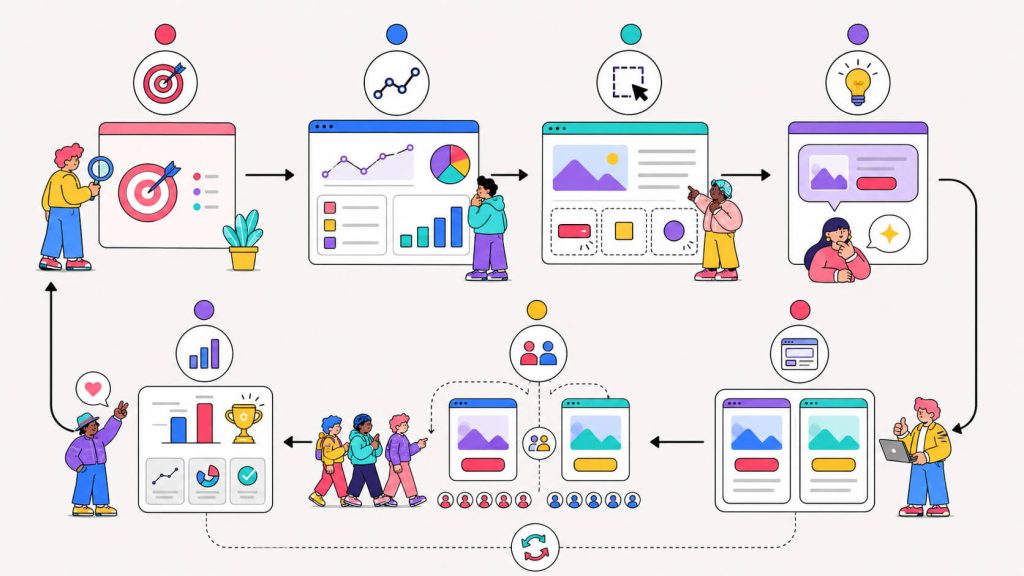 Process visual showing how to run an A/B test from goal setting and data analysis to variants, traffic split, results, and repeated optimization.