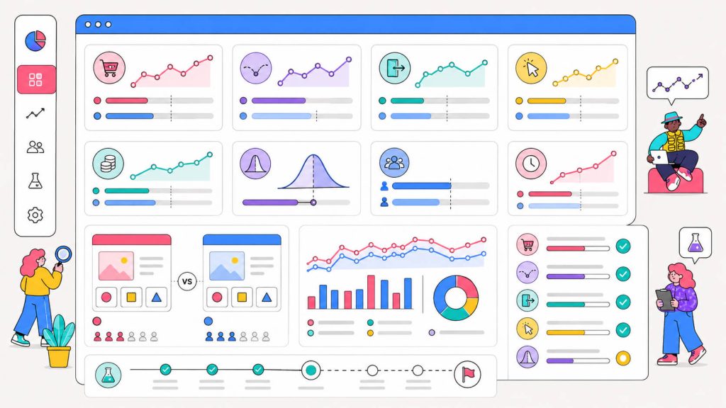 Analytics dashboard visual showing key A/B testing metrics including conversion rate, CTR, bounce rate, revenue per visitor, significance, and sample size.
