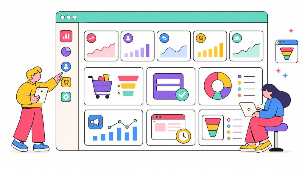 Analytics dashboard visual showing key CRO metrics such as conversion rate, CPA, bounce rate, AOV, CLV, cart abandonment, and ROAS.