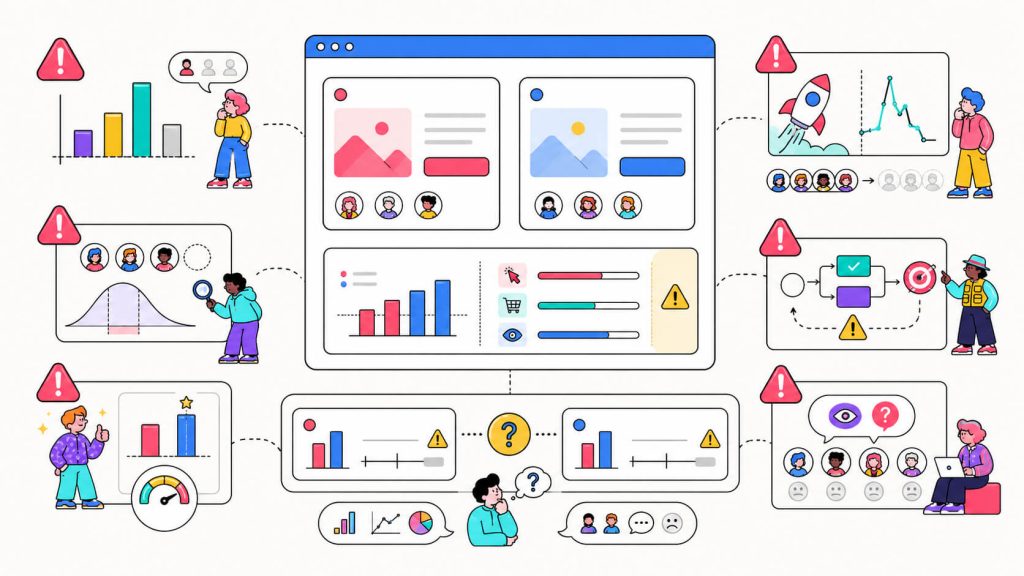 Diagnostic visual showing A/B testing limitations such as low traffic, small sample size, novelty effect, false confidence, and missing user insights.