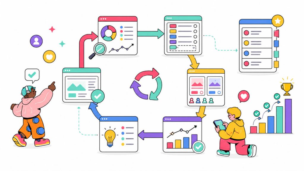 Visual showing a continuous CRO program with analysis, prioritization, testing, measurement, learning, and compounding conversion growth.