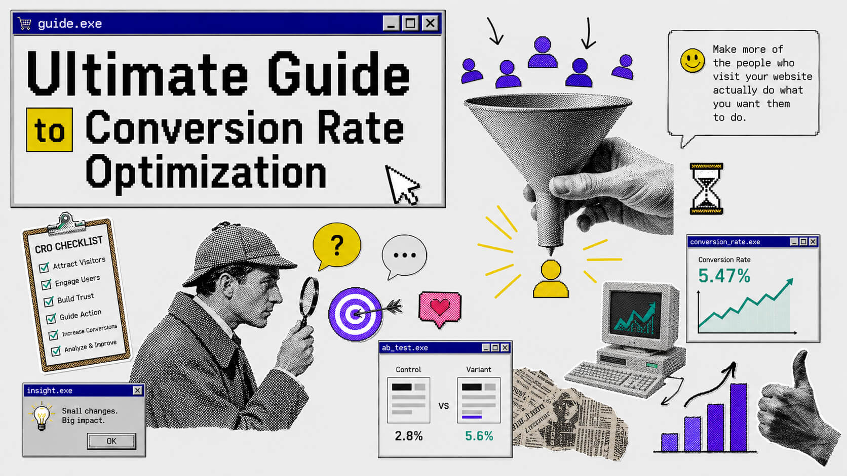 Visual overview of conversion rate optimization with analytics dashboards, A/B testing variants, conversion funnels, and website growth signals.