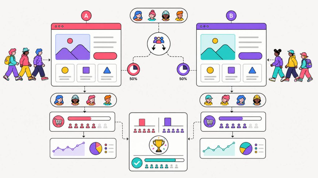 Educational visual showing A/B testing with Version A, Version B, random traffic split, conversion outcomes, and performance comparison.