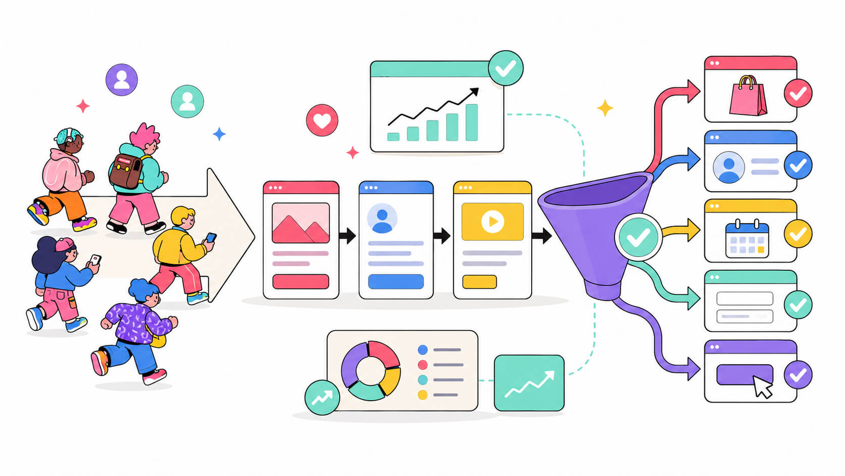Educational visual explaining CRO with website visitors moving through a conversion funnel toward signups, purchases, forms, and clicks.