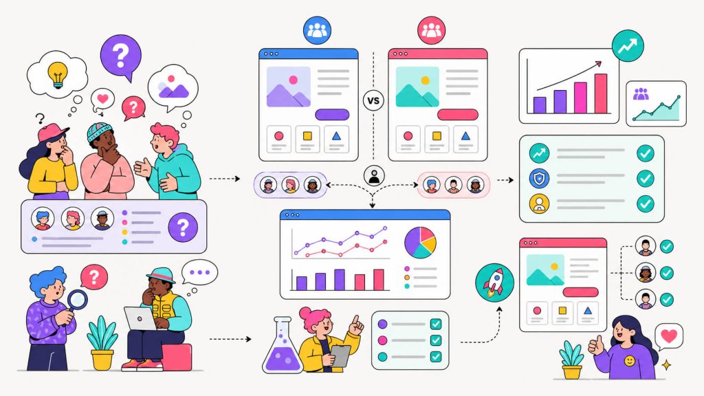 Visual showing how A/B testing replaces assumptions with user data, improves conversion rates, and reduces the risk of website changes.