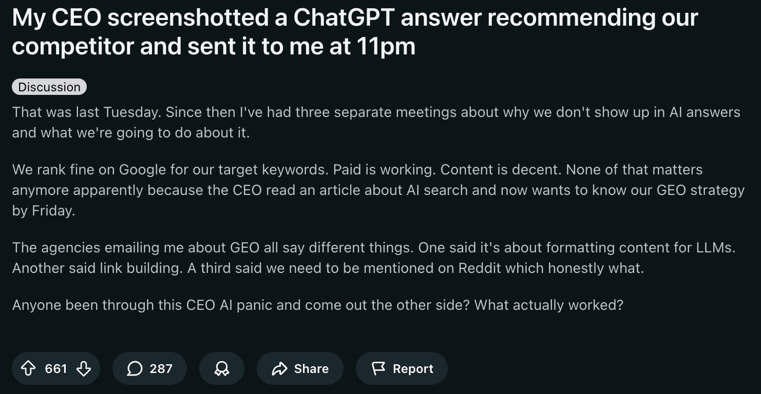 Screenshot of Reddit post on GEO
