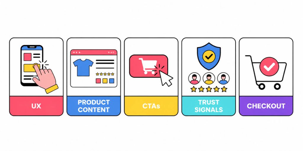 A simple five-box graphic showing the key areas AI can analyze in an eCommerce store: UX, product content, CTAs, trust signals, and checkout.