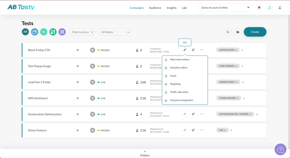 Screenshot of AB Tasty showing A/B testing, personalization, visual editing, integrations, and conversion optimization features.