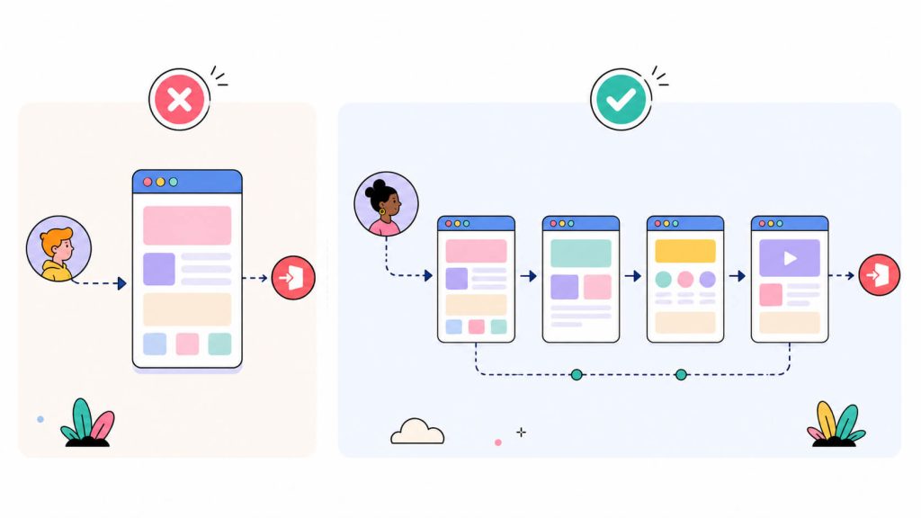 Illustration comparing bounce rate and exit rate through simplified website user journeys and visitor exit behavior.