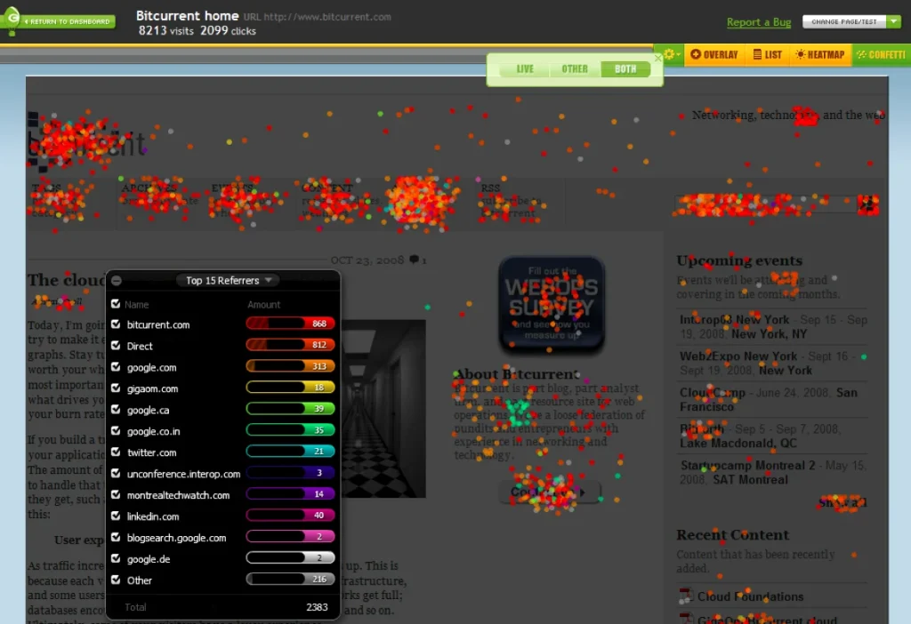 Screenshot of Crazy Egg showing heatmaps, scroll maps, click tracking, session recordings, and website behavior analysis.