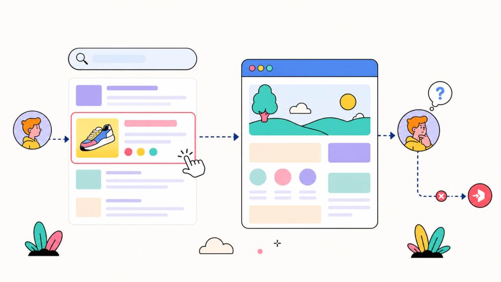 Visual showing common UX issues such as slow loading, intrusive pop-ups, poor mobile layout, confusing navigation, and visual clutter.