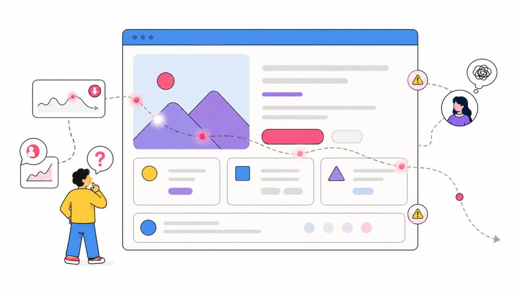 Illustration showing how vague messaging, weak calls to action, and unclear above-the-fold content contribute to high bounce rate.