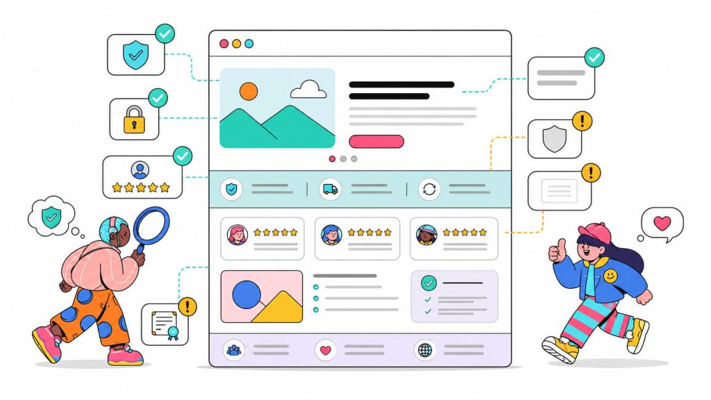 Illustration showing website trust factors such as testimonials, reviews, security signals, content quality, and credible design.