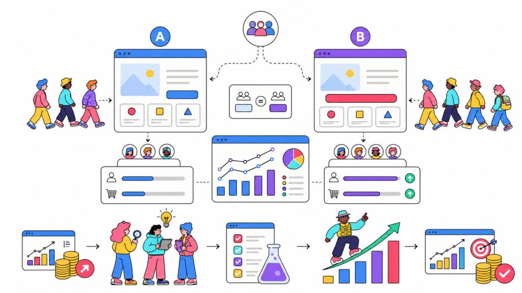 Visual showing A/B testing with control and variant pages, split traffic, CTA changes, conversion outcomes, and experiment performance.