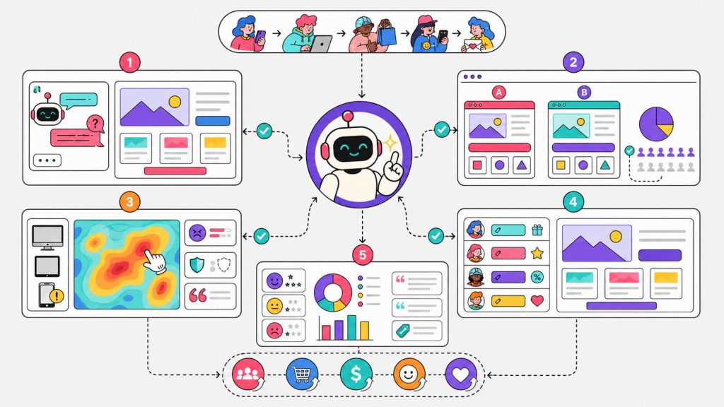 Overview visual showing AI CRO use cases including chatbots, A/B testing, analytics, UX personalization, and customer survey analysis.