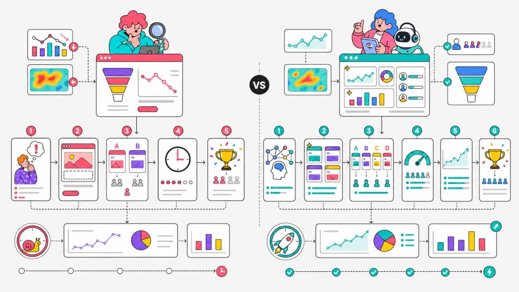Comparison visual showing traditional CRO versus AI CRO with manual testing, predictive insights, multiple variants, and faster optimization loops.