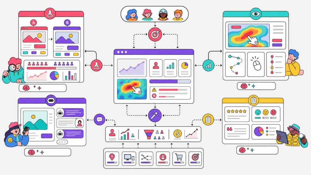 SaaS stack visual showing AI CRO tools for experimentation, behavioral analytics, chatbots, personalization, and customer feedback analysis.