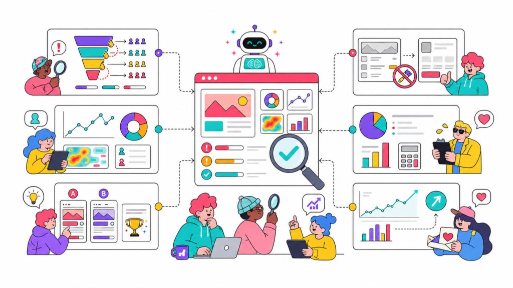 Framework visual showing UX audit benefits such as finding funnel leaks, reducing guesswork, guiding experiments, avoiding redesigns, and improving conversions.