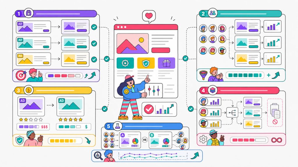 Framework visual showing dynamic landing page benefits such as message match, higher conversions, lower CPC, scalable personalization, and better test data.