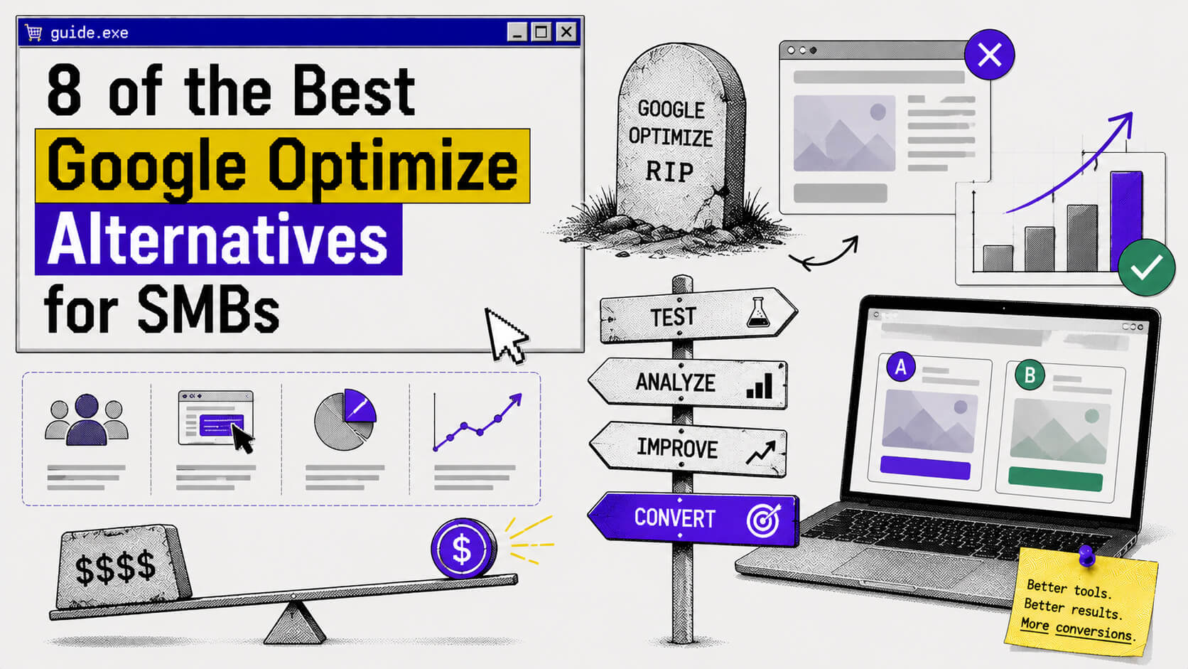 Hero visual showing A/B testing dashboards, landing page experiments, analytics panels, and conversion optimization tools for SMBs.