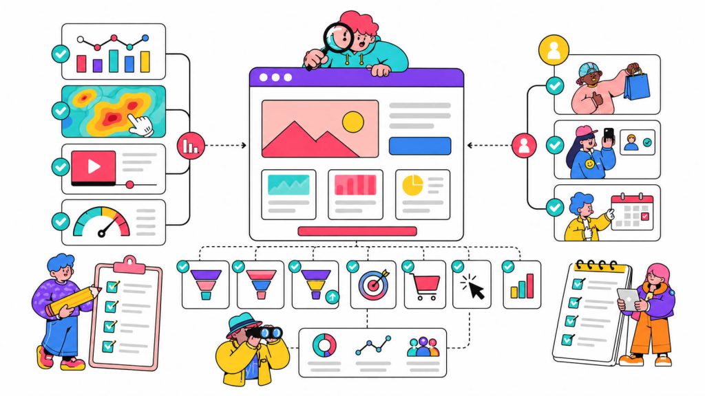 Checklist visual showing what is needed for a CRO audit, including analytics data, heatmaps, session recordings, page speed insights, and conversion goals.