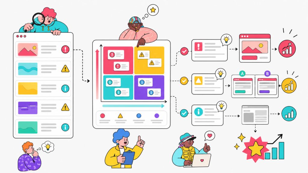 Visual showing how CRO audit findings are prioritized by impact and effort, then turned into hypotheses, quick wins, and A/B testing ideas.