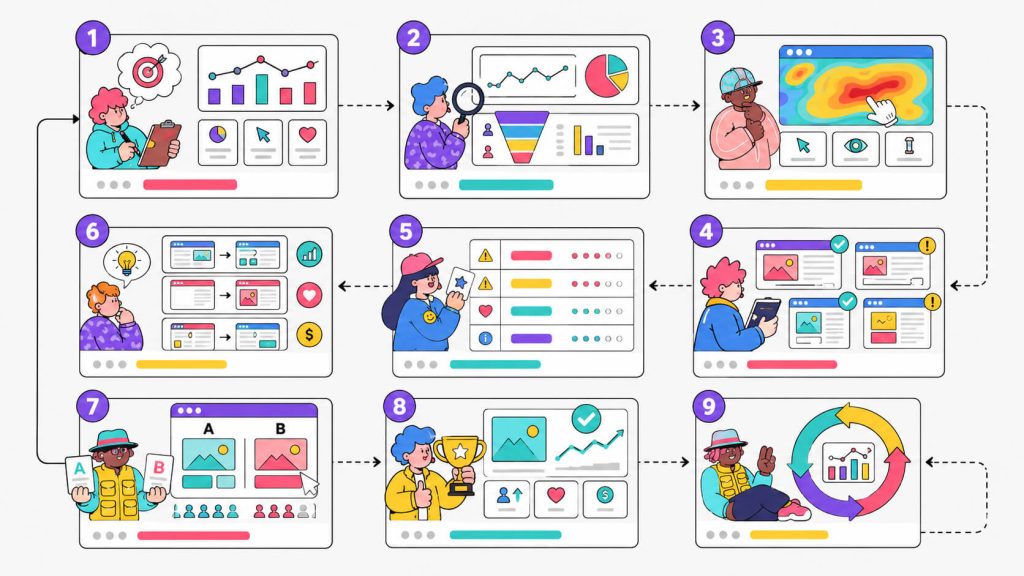Process visual showing the CRO audit workflow from goal setting and funnel analysis to behavioral review, prioritization, testing, and measurement.