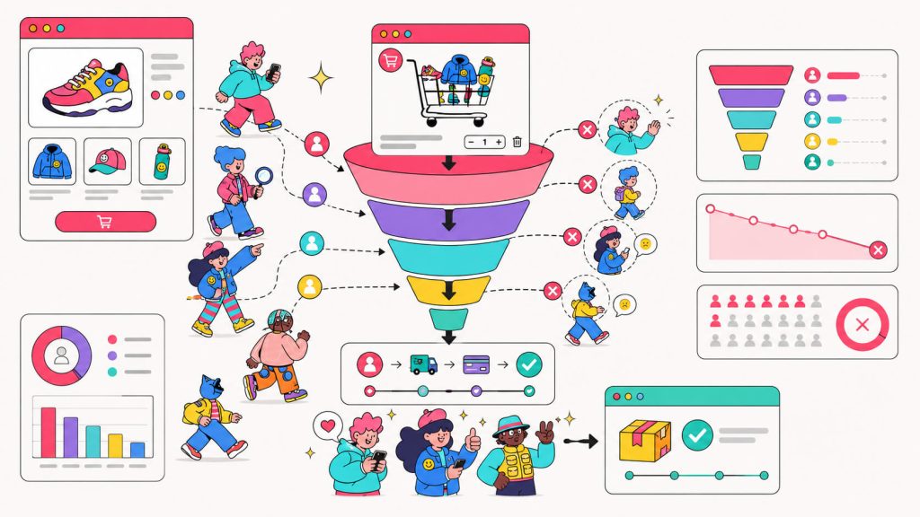 Educational visual showing cart initiations, completed purchases, checkout drop-offs, and how cart abandonment rate is calculated.