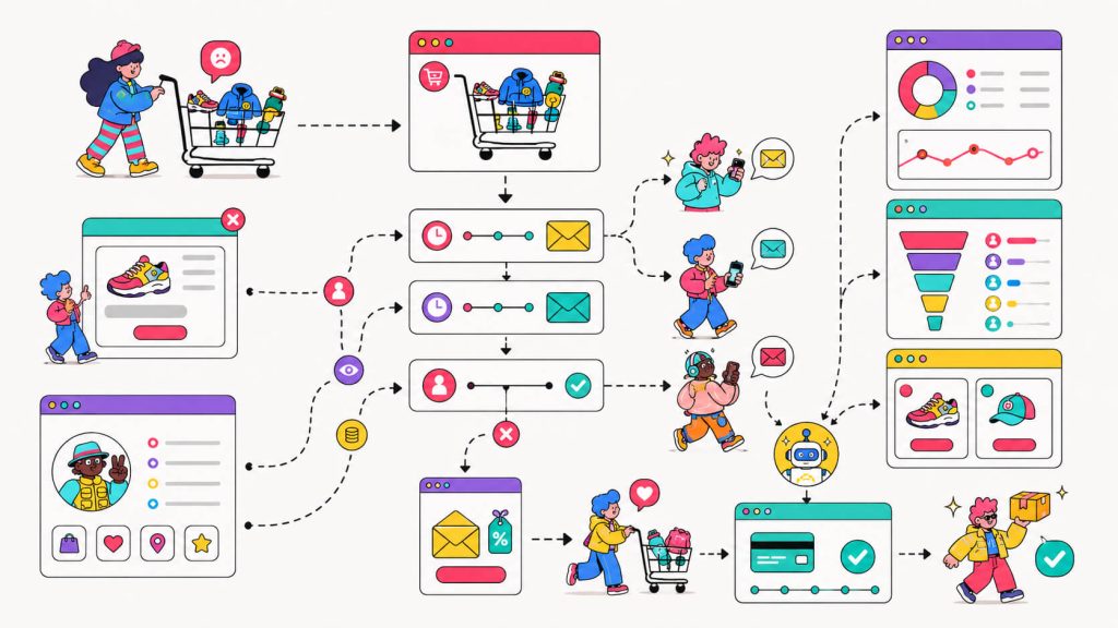 Visual showing abandoned cart recovery with email sequences, exit-intent messages, CRM data, analytics, and conversion optimization workflows.