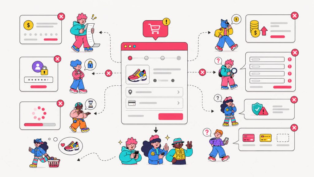 Diagnostic visual showing cart abandonment causes such as unexpected costs, forced accounts, checkout friction, slow speed, trust gaps, and limited payments.