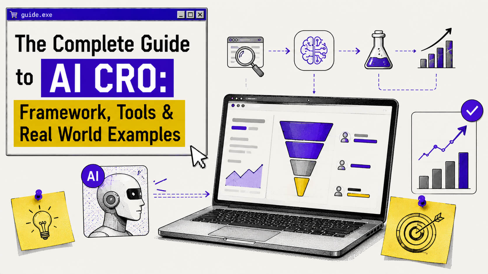 Hero visual showing AI CRO with analytics dashboards, funnel data, A/B testing variants, personalization signals, chatbots, and optimization insights.