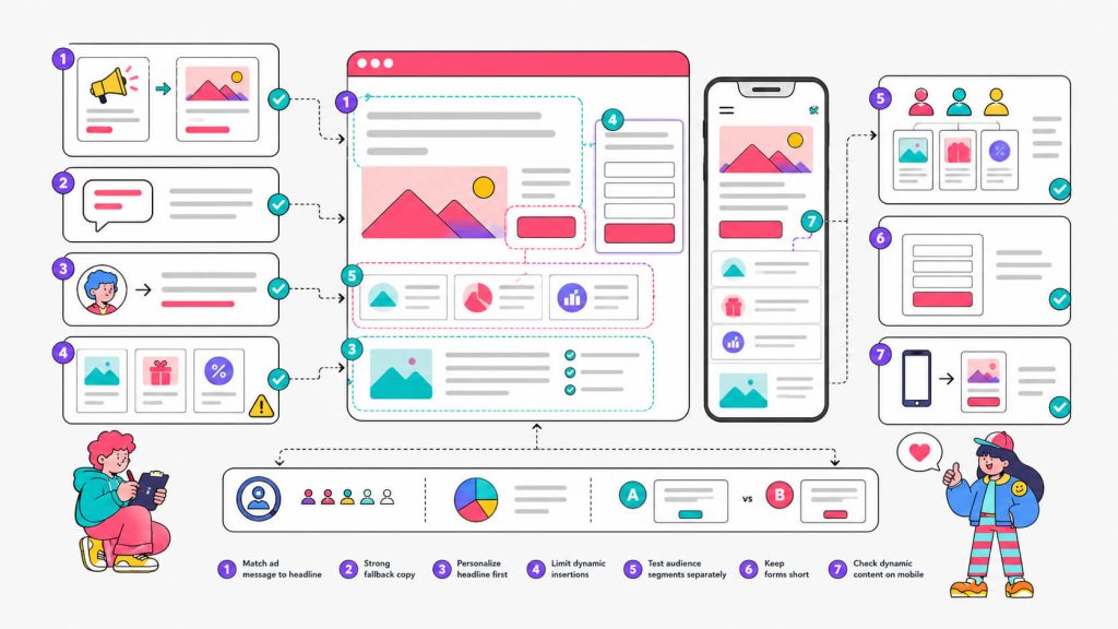 Checklist visual showing best practices for dynamic landing pages, including message match, fallbacks, headline personalization, short forms, and mobile testing.