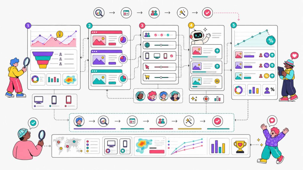 Workflow visual showing dynamic landing page optimization with analytics, A/B testing, audience targeting, AI recommendations, and conversion tracking.