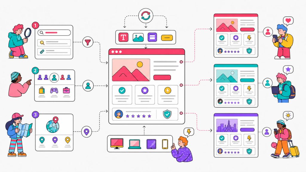 Framework visual showing dynamic text replacement, audience-based content swapping, and geo-targeting for personalized landing pages.