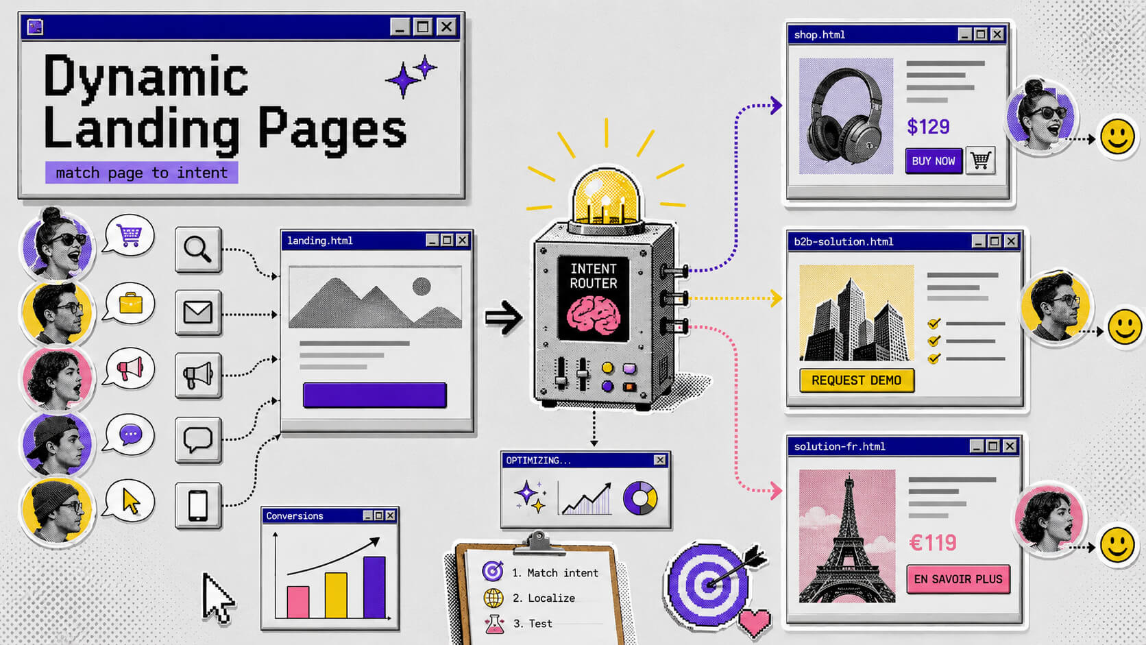 Hero visual showing dynamic landing pages adapting headlines, CTAs, content, and offers by search intent, location, traffic source, and audience segment.