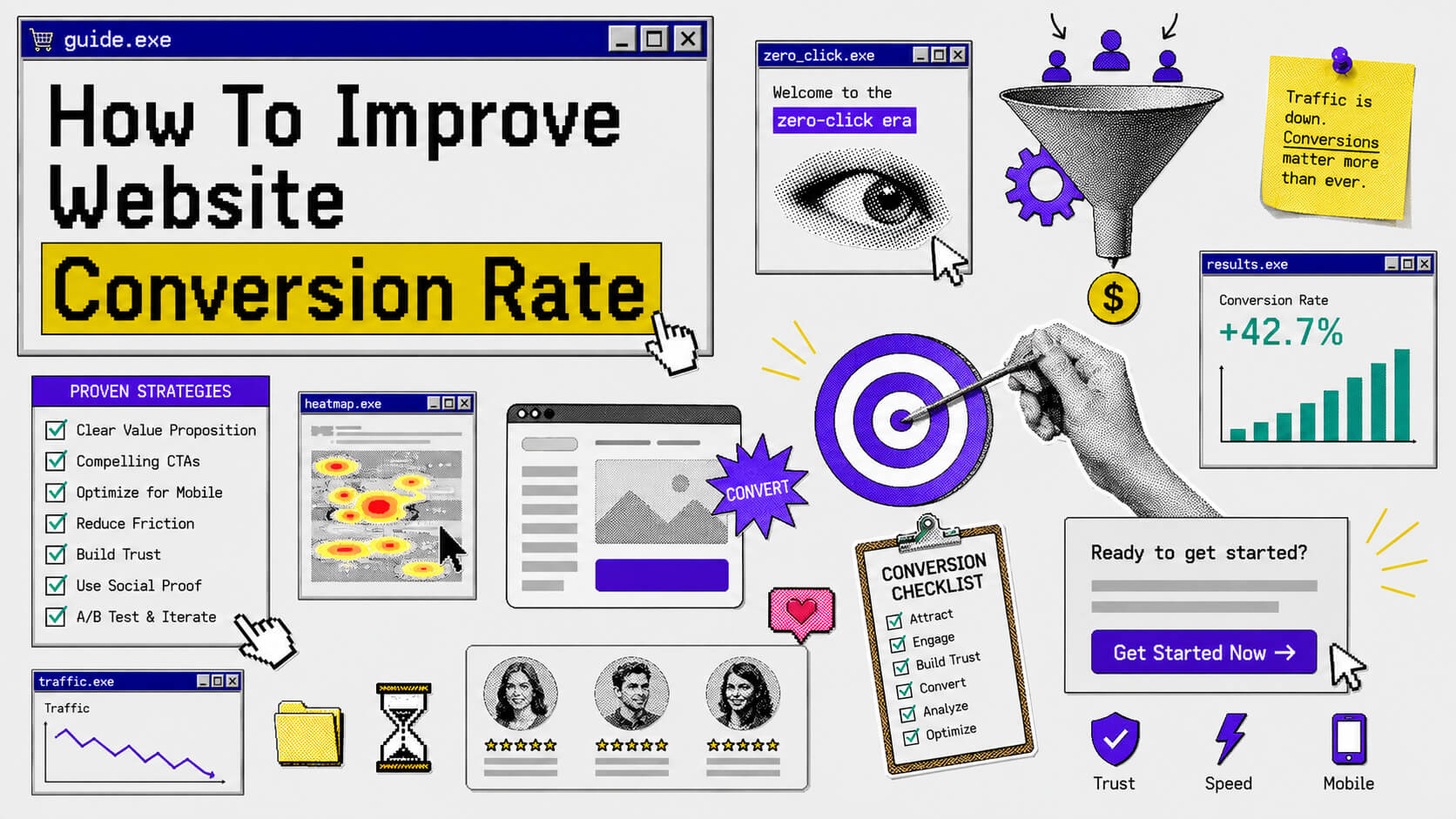 Illustration of a website analytics dashboard showing visitors moving through a conversion funnel, CTA interactions, A/B testing variants, and optimization signals for improving website conversion rate.