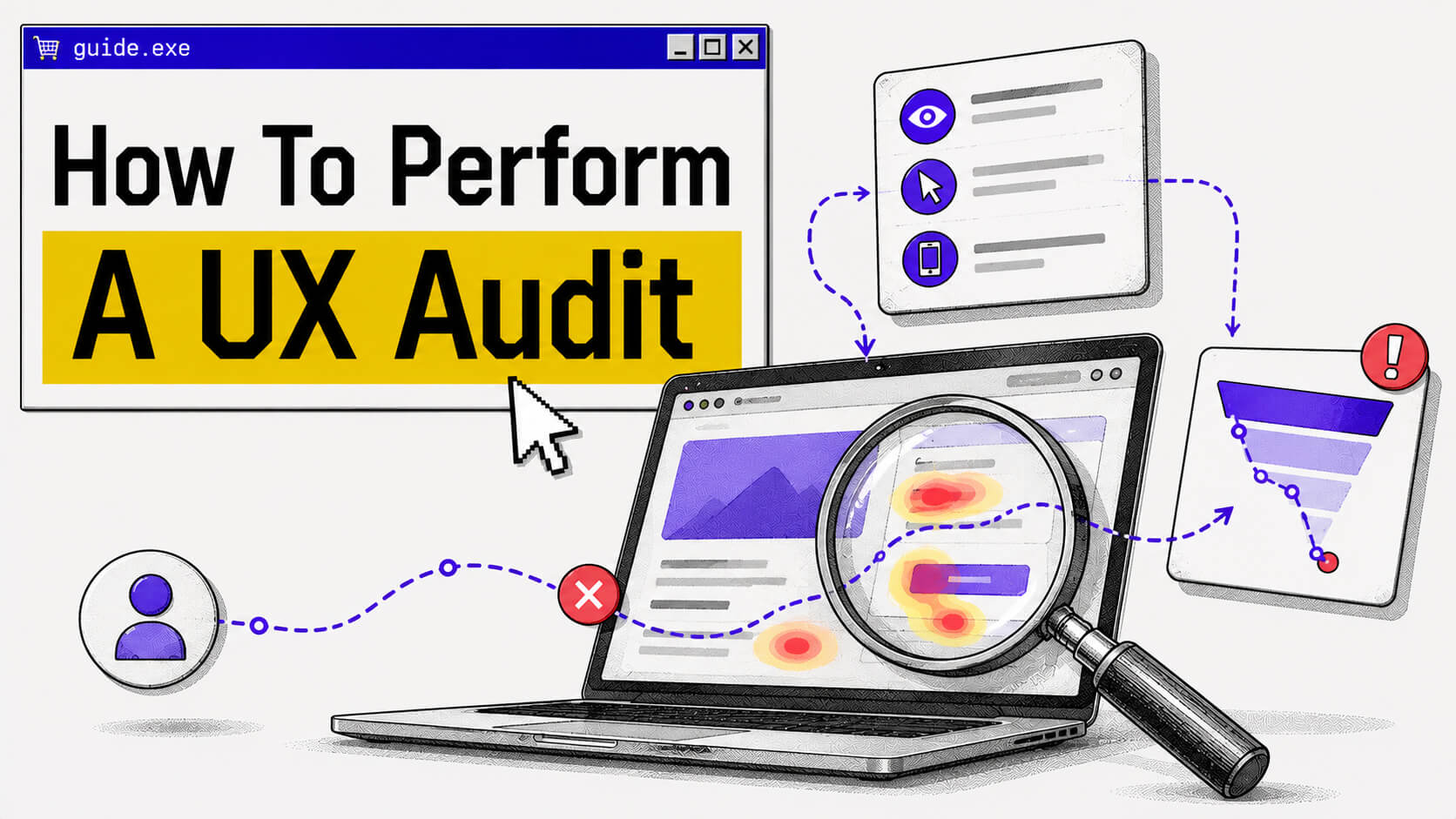 Hero visual showing a UX audit dashboard with user journeys, funnel drop-offs, heatmaps, usability issues, accessibility signals, and UX insights.