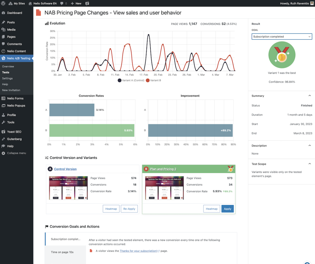 Screenshot of Nelio A/B Testing showing WordPress-based experiments, page testing, and conversion optimization features.