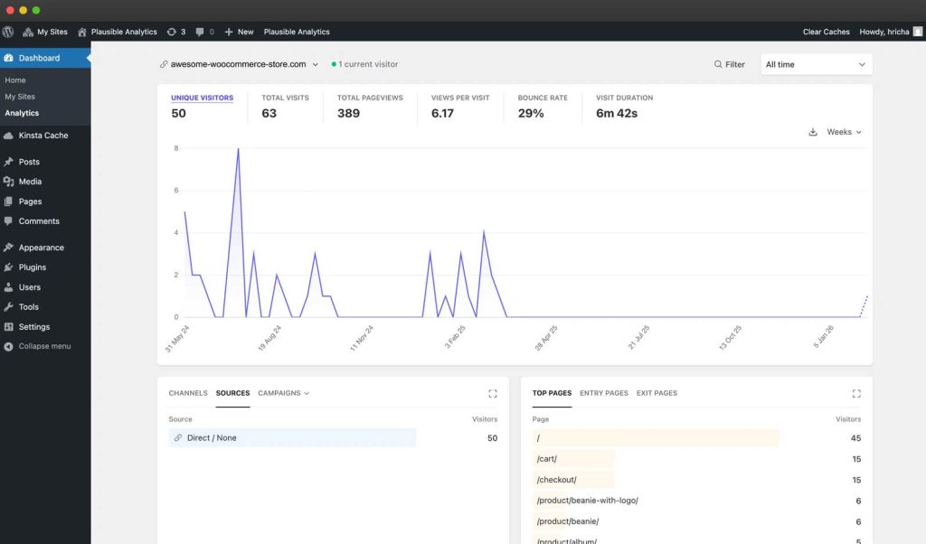 Screenshot of Plausible Analytics showing simple privacy-friendly website metrics, traffic sources, page views, bounce rate, and goals.