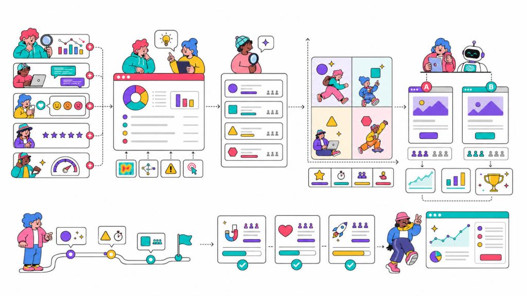 Visual showing UX audit findings grouped into themes, prioritized by impact and effort, turned into hypotheses, and validated through experiments.