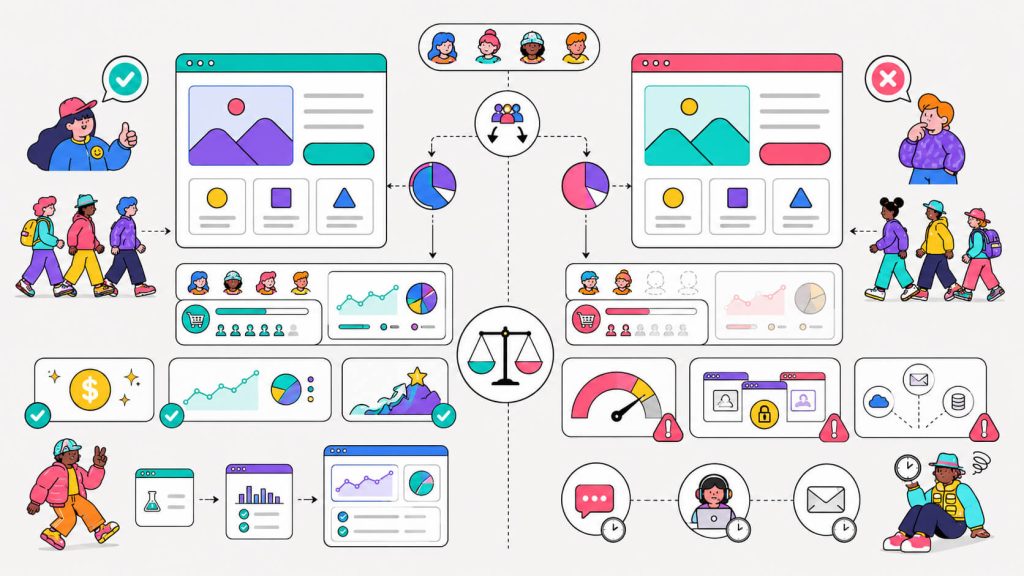 Comparison visual showing the benefits and trade-offs of free A/B testing tools, including real data, traffic caps, and limited features.