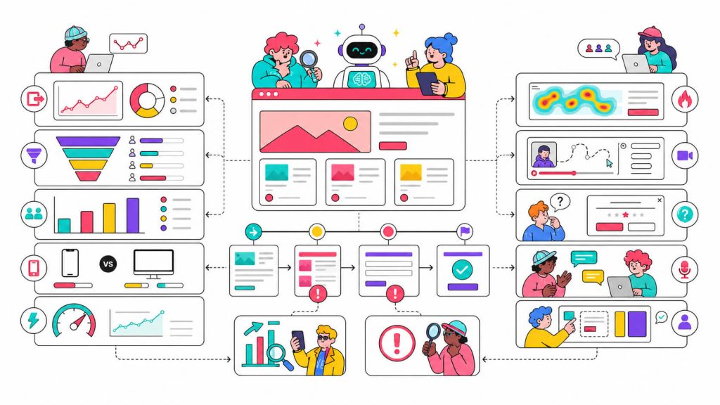 Visual showing how UX audits combine analytics, funnel drop-offs, heatmaps, session recordings, surveys, interviews, and usability tests.