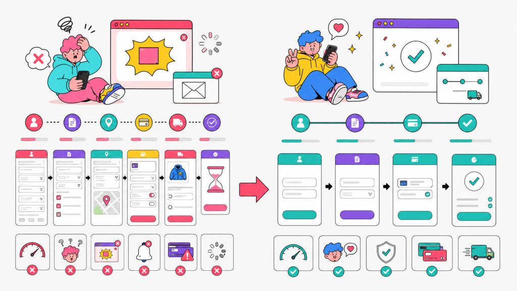 Visual showing how fewer form fields, faster pages, fewer pop-ups, and simpler funnel steps improve website conversions.