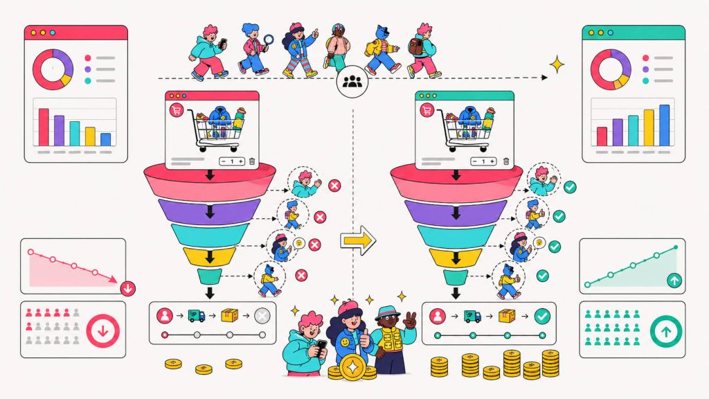 Business visual showing how reducing cart abandonment increases completed purchases and revenue from the same ecommerce traffic.
