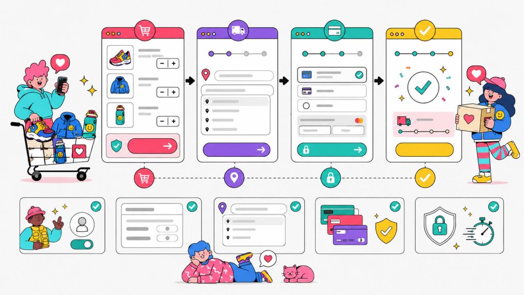 Ecommerce visual showing guest checkout, fewer form fields, address autocomplete, saved carts, and a simplified checkout flow.